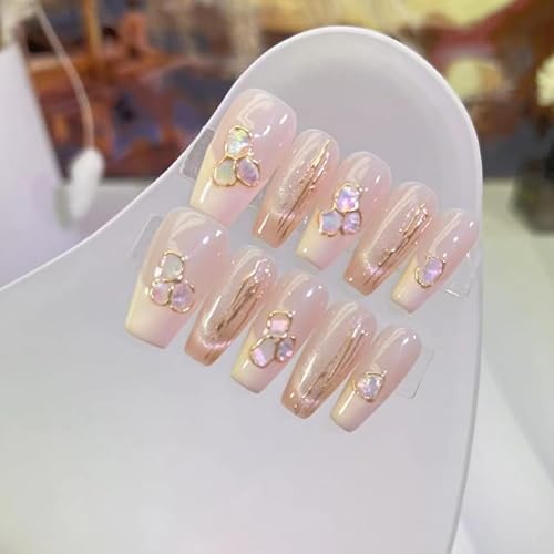 VEBONNY Nude Pink Square Christmas Tree Press on Nail,Powder Blusher Pearl Wreath False Nail,Golden Star Fake Nail 10 Pcs Purely Handmade Customized Size DZ21-L von VEBONNY