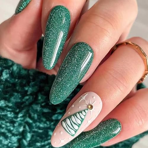 VEBONNY Rhinestone Christmas Tree Nude Pink Almond Shaped Nails,Shimmery Platinum Glittered Green Color Acrylic Almond False Nail Kits VEBONNY ST265 von VEBONNY