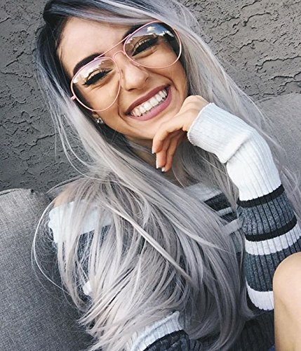 VEBONNY Synthetic Silver Perücken für Frauen Beste graue Perücke verwurzelt schwarz Ombre grau Perücken gewellte Ombre Spitze Front Perücke 22 Zoll VEBONNY Wig VEBONNY-014 von VEBONNY