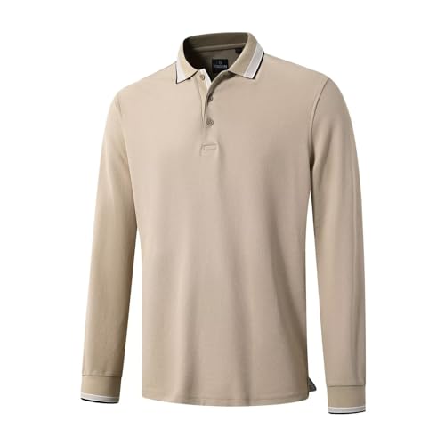 Herren Pique Poloshirts Langarm Baumwollmischung Tipped Casual Kragen Poloshirt Business Klassische Passform, Khaki, 3X-Groß von VEBOON