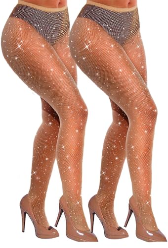 VEBZIN Sexy glitzernde Netzstrümpfe mit Strasssteinen besetzt, hohe Taille, Party-Strumpfhose mit glitzernden Kristallen, 2er-Packung., Einheitsgröße von VEBZIN