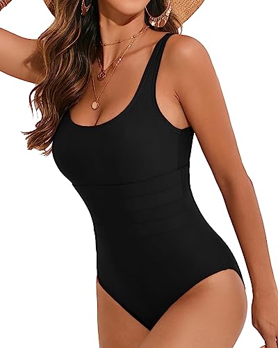 VECENEY Damen Badeanzug Einteiliger Bademode Rundhals Quadratischem Rücken Swimsuit Schwarz S von VECENEY