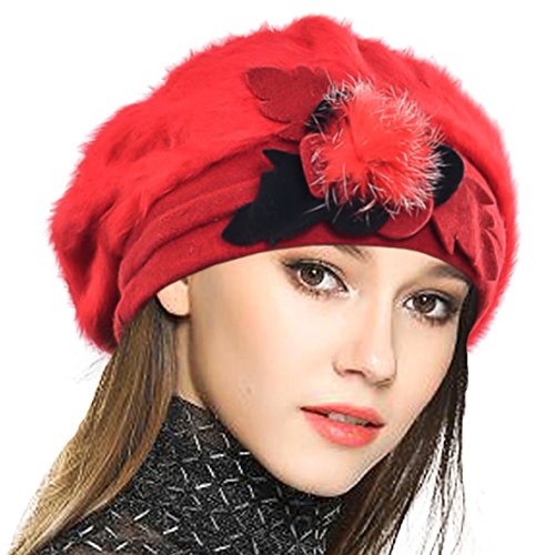 VECRY Damen Wolle Barette Angola Kleid Beanie Schädel Mützen Stricken Winter Hüte (Rot) von VECRY