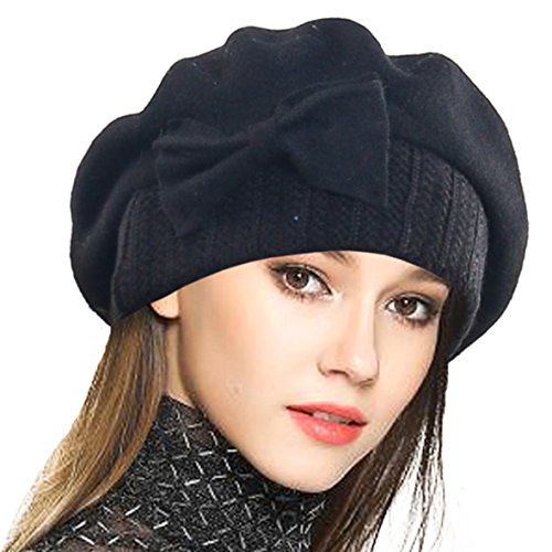 VECRY Frauen Barette 100% Wolle Baskenmütze Kleid Mütze Wintermütze (Schwarz) von VECRY