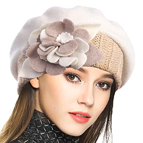 VECRY Damen 100% Wolle Französische Baskenmütze Blumen Strickmütze Schädelkappe Kleid Wintermütze (Creme,M) von VECRY
