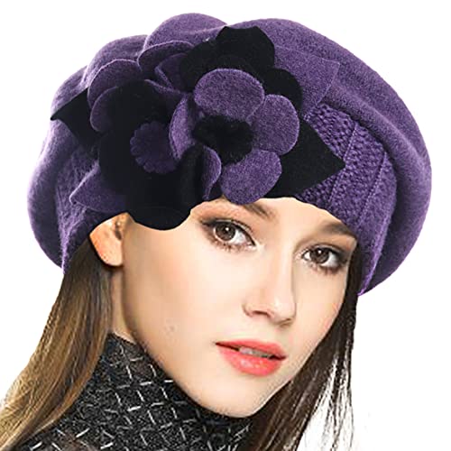 VECRY Damen 100% Wolle Französische Baskenmütze Blumen Strickmütze Schädelkappe Kleid Wintermütze (Violett,M) von VECRY