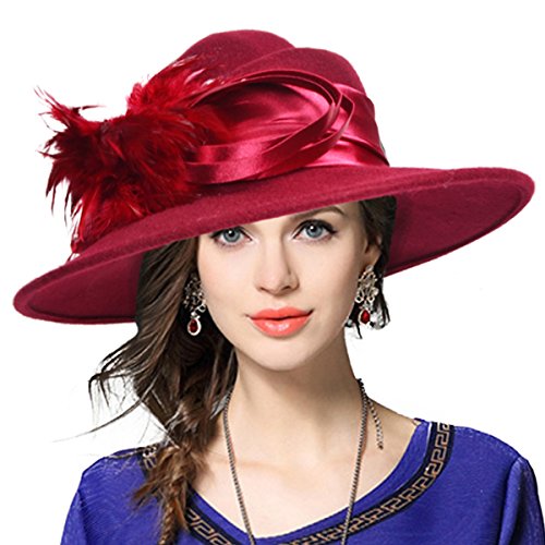 VECRY Damen Breite Krempe Panama Hüte Fascinator Wolle Fedora Fühlte Formal Party Mützen (Feder Rotwein) von VECRY