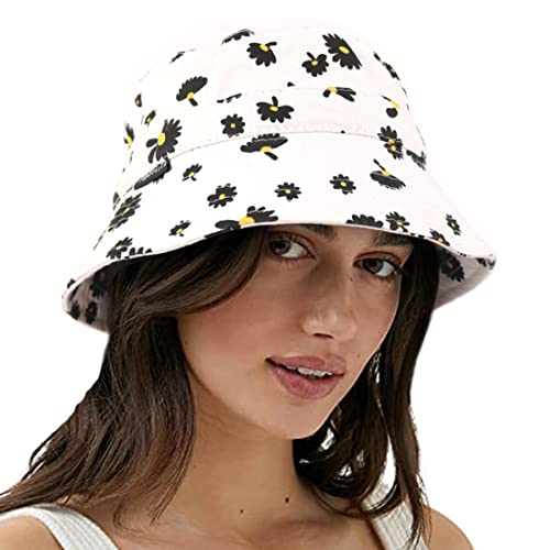 VECRY Damen Herren Denim Gewaschene Baumwolle Trendy Bucket Hat Damen Sommer Strand Sonnenhüte (M,Blumen-Weiß) von VECRY