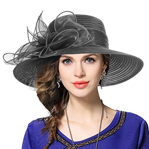 VECRY Damen Oaks Derby Kirche Taufe Kleid Tea Party Hochzeit Sonnenhüte (Grau) von VECRY