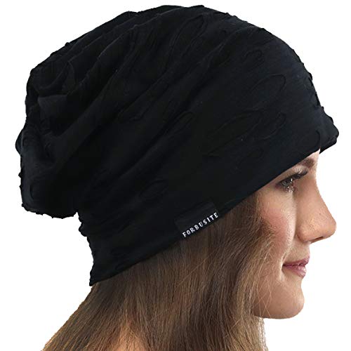 VECRY Damen Slouchy Mütze Dünne Sommer Schädelkappe Turban Sanft Schlafen Chemo Strickmützen (H Schwarz) von VECRY
