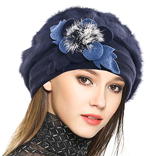 VECRY Damen Wolle Barette Angola Kleid Beanie Schädel Mützen Stricken Winter Hüte (Marine) von VECRY