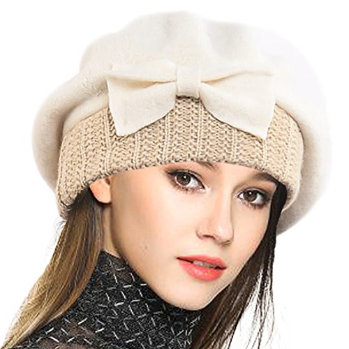 VECRY Frauen Barette 100% Wolle Baskenmütze Kleid Mütze Wintermütze (Sahne) von VECRY
