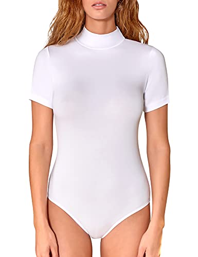 VEDATS Damen Body Kurzarm Halbkragen Turtleneck Bodysuit Top T-Shirt Unterhemd (M, Weiß) von VEDATS