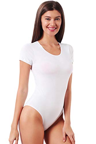 VEDATS Damen Body Kurzarm Rundhals Bodysuit T-Shirt Top Unterhemd (M, Weiß) von VEDATS