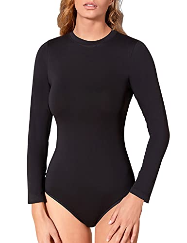 VEDATS Damen Body Langarm Rundhals Bodysuit Top Unterhemd (S, Schwarz) von VEDATS