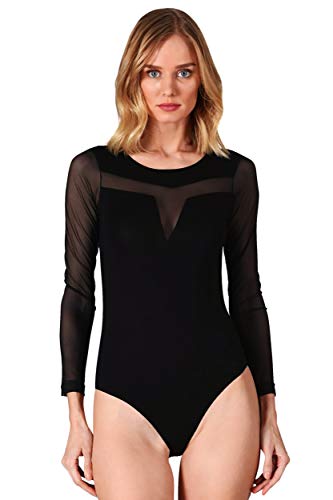 VEDATS Damen Body Langarm Rundhals Bodysuit mit transparentem Netzeinsatz (M) von VEDATS