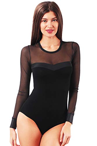 VEDATS Damen Body Langarm Rundhals Bodysuit mit transparentem Netzeinsatz (S) von VEDATS