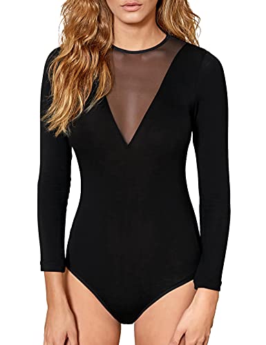 VEDATS Damen Body Langarm Rundhals Bodysuit mit transparentem Netzeinsatz (S) von VEDATS