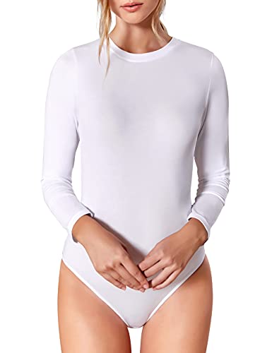 VEDATS Damen Body Langarm Rundhals Bodysuit Top Unterhemd (M, Weiß) von VEDATS