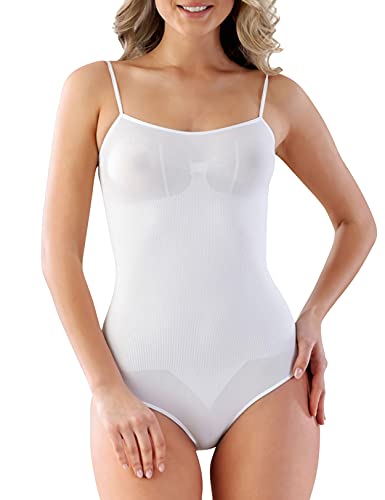 VEDATS Damen Shapewear Body Figurformend Miederbody Shaper Bauch-Weg Spaghettiträger (XL, Weiß) von VEDATS