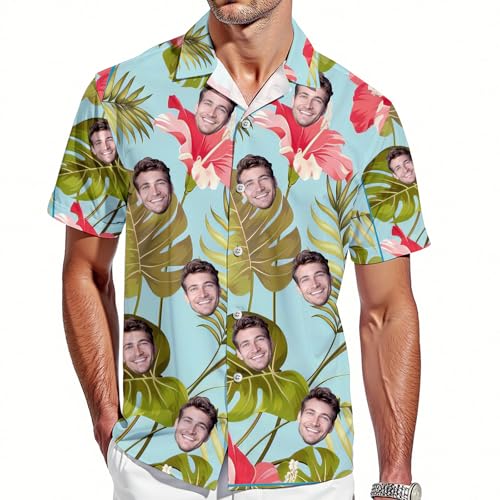VEELU Personalisiert Hawaii Hemd Herren Kurzarm mit Gesicht Foto Funky Hawaiihemd für Männer Sommer Flamingos Blume Bedruckter Strand Beilaufig Hawaii Hemdt für Freund, Ehemann, Vater von VEELU