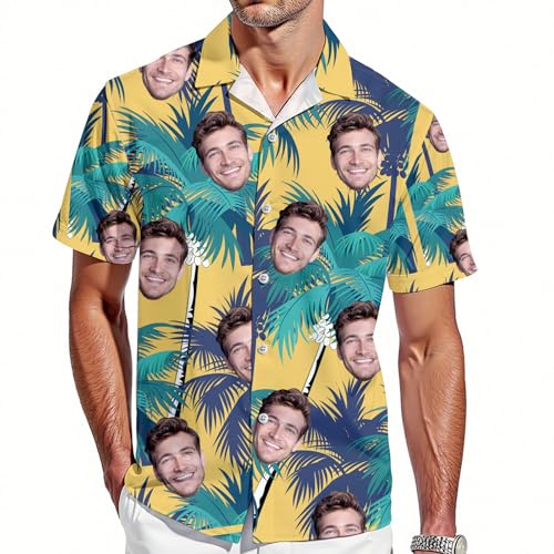 VEELU Personalisiert Hawaii Hemd Herren Kurzarm mit Gesicht Foto Funky Hawaiihemd für Männer Sommer Flamingos Blume Bedruckter Strand Beilaufig Hawaii Hemdt für Freund, Ehemann, Vater von VEELU