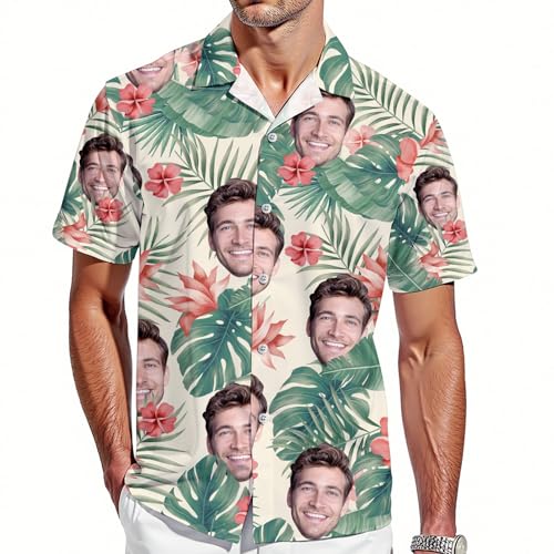 VEELU Personalisiert Hawaii Hemd Herren Kurzarm mit Gesicht Foto Funky Hawaiihemd für Männer Sommer Flamingos Blume Bedruckter Strand Beilaufig Hawaii Hemdt für Freund, Ehemann, Vater von VEELU
