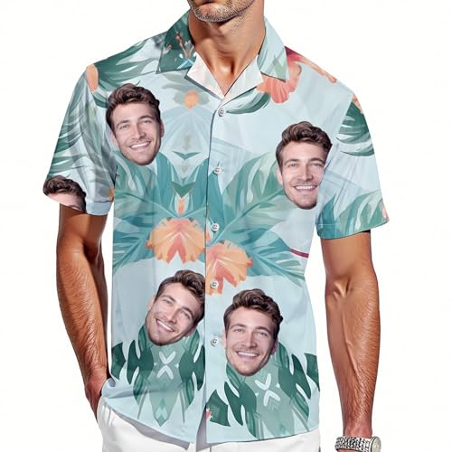 VEELU Personalisiert Hawaii Hemd Herren Kurzarm mit Gesicht Foto Funky Hawaiihemd für Männer Sommer Flamingos Blume Bedruckter Strand Beilaufig Hawaii Hemdt für Freund, Ehemann, Vater von VEELU