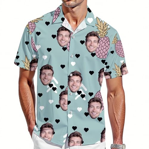 VEELU Personalisiert Hawaii Hemd Männer mit Gesicht und Name Funky Hawaiihemd Herren Kurzarm Vordertasche Urlaub Sommer Ananas Bedruckter Strand Beilaufig Hawaii Hemdt von VEELU