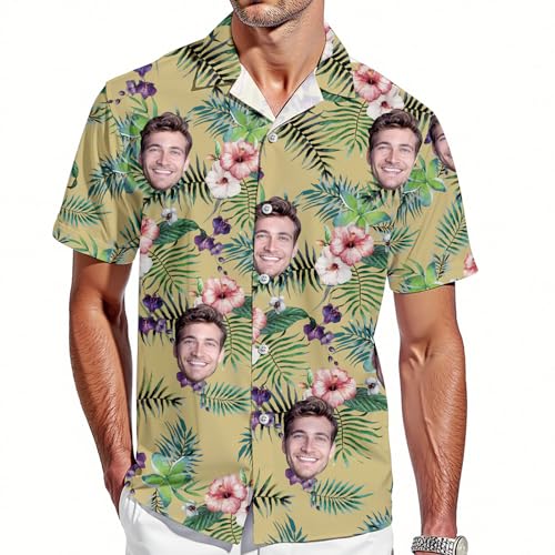 VEELU Personalisiert Hawaii Hemd Männer mit Gesicht und Name Funky Hawaiihemd Herren Kurzarm Vordertasche Urlaub Sommer Blume Bedruckter Strand Beilaufig Hawaii Hemdt von VEELU