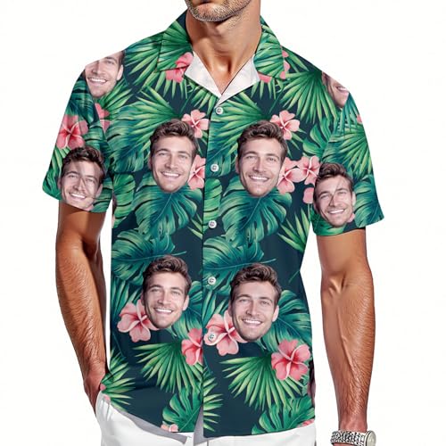 VEELU Personalisiert Hawaii Hemd Männer mit Gesicht und Name Funky Hawaiihemd Herren Kurzarm Vordertasche Urlaub Sommer Blume Bedruckter Strand Beilaufig Hawaii Hemdt von VEELU
