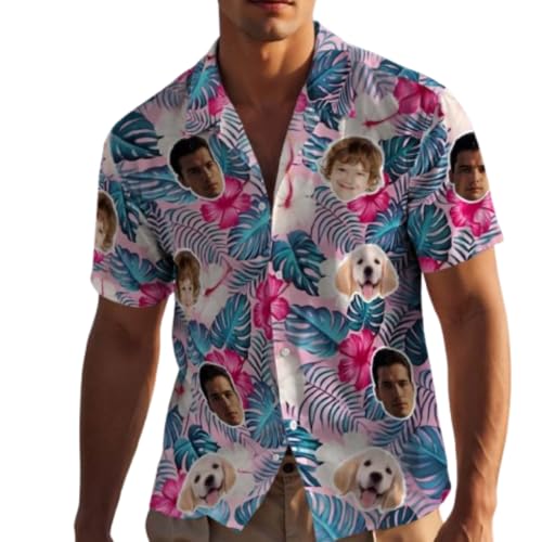 VEELU Personalisiert Hawaii Hemd Männer mit Gesicht und Name Funky Hawaiihemd Herren Kurzarm Vordertasche Urlaub Sommer Flamingos Blume Bedruckter Strand Beilaufig Hawaii Hemdt von VEELU