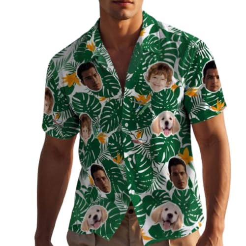VEELU Personalisiert Hawaii Hemd Männer mit Gesicht und Name Funky Hawaiihemd Herren Kurzarm Vordertasche Urlaub Sommer Flamingos Blume Bedruckter Strand Beilaufig Hawaii Hemdt von VEELU