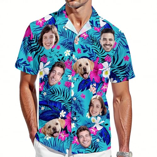 VEELU Personalisiert Hawaii Hemd Männer mit Gesicht und Name Funky Hawaiihemd Herren Kurzarm Vordertasche Urlaub Sommer Flamingos Blume Bedruckter Strand Beilaufig Hawaii Hemdt von VEELU