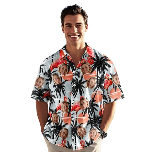 VEELU Personalisiert Hawaii Hemd Männer mit Gesicht und Name Funky Hawaiihemd Herren Kurzarm Vordertasche Urlaub Sommer Flamingos Blume Bedruckter Strand Beilaufig Hawaii Hemdt von VEELU