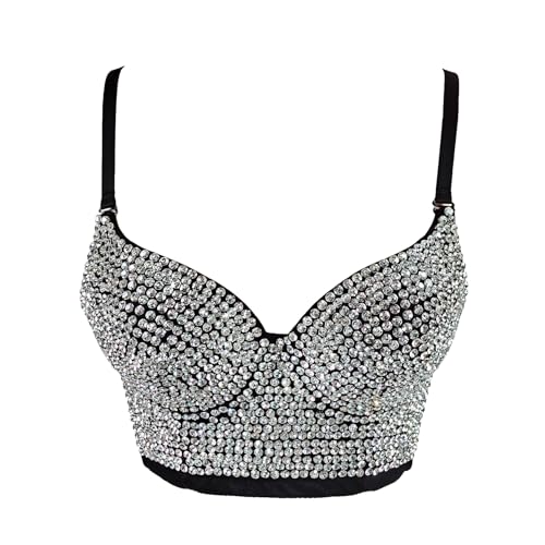 Damen Bustier Crop Top Mesh Korsett Top Push Up Strass Diamant BH Club Party Weste, #2 Silber, Klein von VEENDEO