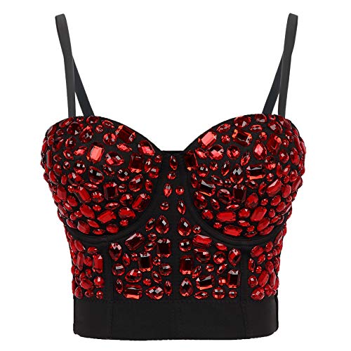 Damen Bustier Crop Top Mesh Korsett Top Push Up Strass Diamant BH Club Party Weste, #3 Schwarz und Rot, Medium von VEENDEO