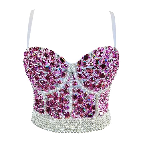 VEENDEO Damen Strass Diamant Perle Bustier Crop Top Club Party Glitzer Korsett Top BH Weste, rosa / weiß, Medium von VEENDEO