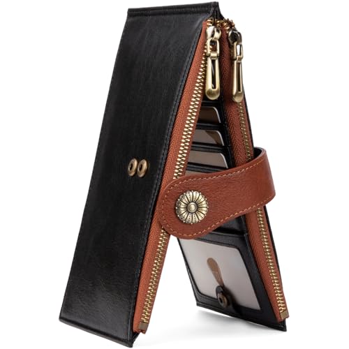VEESKYEE Damen-Geldbörse, schmal, RFID-blockierend, mehrere Kreditkartenfächer, Geldbörse mit doppeltem Reißverschlussfach, schwarz braun, Minimalistisch von VEESKYEE