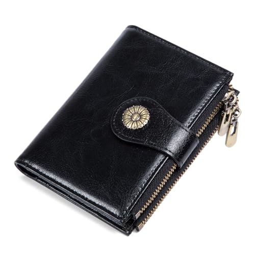 VEESKYEE Kleine Geldbörse für Damen, Leder, Kreditkartenetui, RFID-blockierend, mit Münzfach mit Reißverschluss, C02-schwarz, Minimalistisch von VEESKYEE