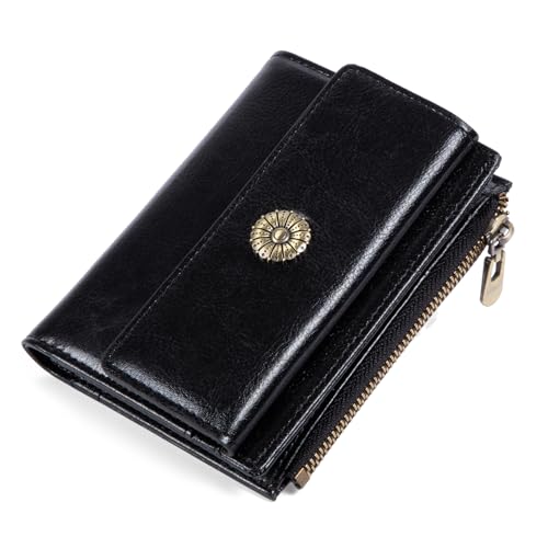 VEESKYEE Kleine Geldbörse für Damen, Leder, Kreditkartenetui, RFID-blockierend, mit Münzfach mit Reißverschluss, D02-schwarz, Minimalistisch von VEESKYEE