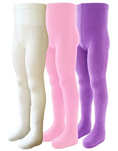 VEGATEKSA Baby und Kinder Strumpfhose für Mädchen 3er Set, aus Gekämmter Baumwolle, Made in EU, Verstellbare Taille, UNI Glatt, Mehrfarbig UNI Glatt No.3 (122-128cm) von VEGATEKSA