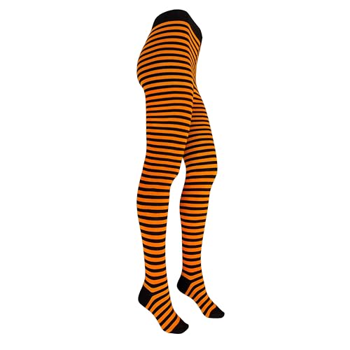 VEGATEKSA Damen Gestreifte Strumpfhose -aus Gekämmter Baumwolle–Oeko-Tex Standard 100 Zertifiziert- Hautfreundlich-Vielen Farben (DE/NL/SE/PL, Alphanumerisch, L, Regular, Regular, Orange Schwarz) von VEGATEKSA