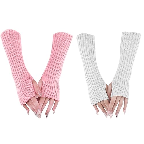 VEGCOO 2 Paar Damen Mädchen Fingerlose Gestrickte Handschuhe - Winter Warme Weiche Mittellange Stretch Handschuhe Für Büro, Tägliche Aktivitäten (Weiß & Rosa) von VEGCOO