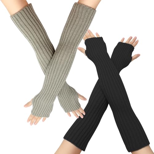 VEGCOO 2 Paar Damen Mädchen Fingerlose Handschuhe Gestrickte Armstulpen Winter Warme Handschuhe Weiche Lange Stretch Handschuhe Geeignet für Büro, Tägliche Aktivitäten (Schwarz & Hellgrau) von VEGCOO