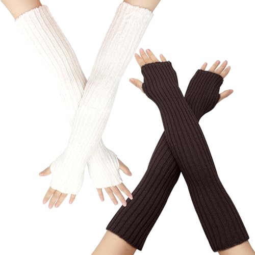 VEGCOO 2 Paar Damen Mädchen Fingerlose Handschuhe Gestrickte Armstulpen Winter Warme Handschuhe Weiche Lange Stretch Handschuhe Geeignet für Büro, Tägliche Aktivitäten (Weiß & Dunkelgrau) von VEGCOO