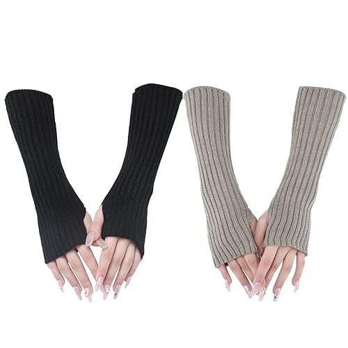 VEGCOO 2 Paar Damen Mädchen Fingerlose Handschuhe - Gestrickte Warme Winter Handschuhe - Weiche Mittellange Stretch Für Büro, Tägliche Aktivitäten (Schwarz & Hellgrau) von VEGCOO