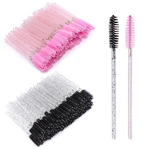 VEGCOO 200 Stück Kristallstab Wimpernbürste, 100 Stück Rosa + 100 Stück Schwarze Augenbrauen Bürste Massive Kristallstab-Mascara-Bürste zum Kämmen Der Augenbrauen von VEGCOO