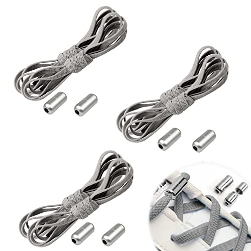 VEGCOO 3 Paar Elastische Schnürsenkel mit Metallkapsel Schnallen, Trainer Flache Schnürsenkel ohne Bindung, Sportschuhe Schnürsenkel Universal Schnürsenkel für Kinder und Erwachsene(Grau) von VEGCOO