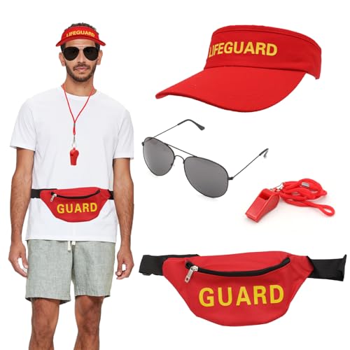 VEGCOO 4-teiliges Rettungsschwimmer-Kostüm-Zubehör-Set, inklusive verstellbarem Hut, Sonnenbrille, Bauchtasche und Pfeife, Rettungsschwimmer Cosplay-Outfit, Kostüm für Erwachsene und Jugendliche, von VEGCOO